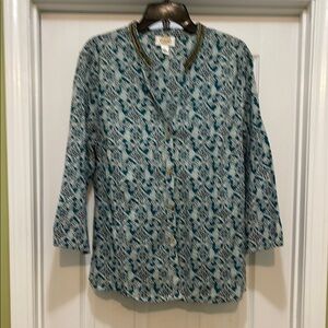 Talbots - boho green/teal/turquoise pattern with beaded neckline - size XL